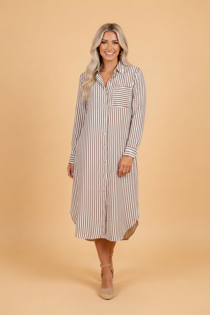 Stripe Textured 3/4 Sleeve Split Hem Midi Dress