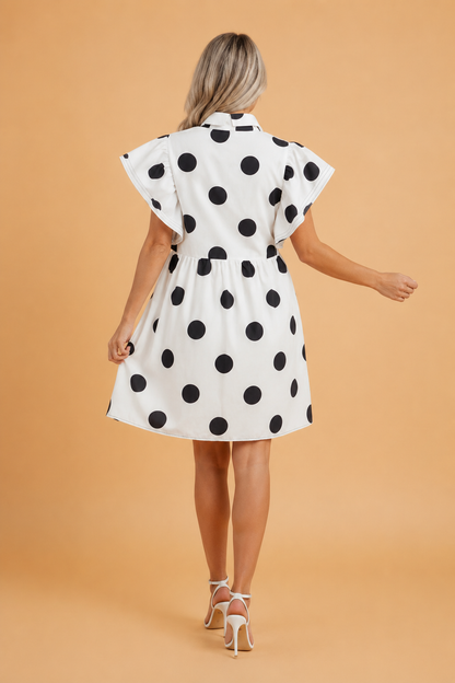 Polka Dot Half Button Ruffle Sleeve Mini Dress
