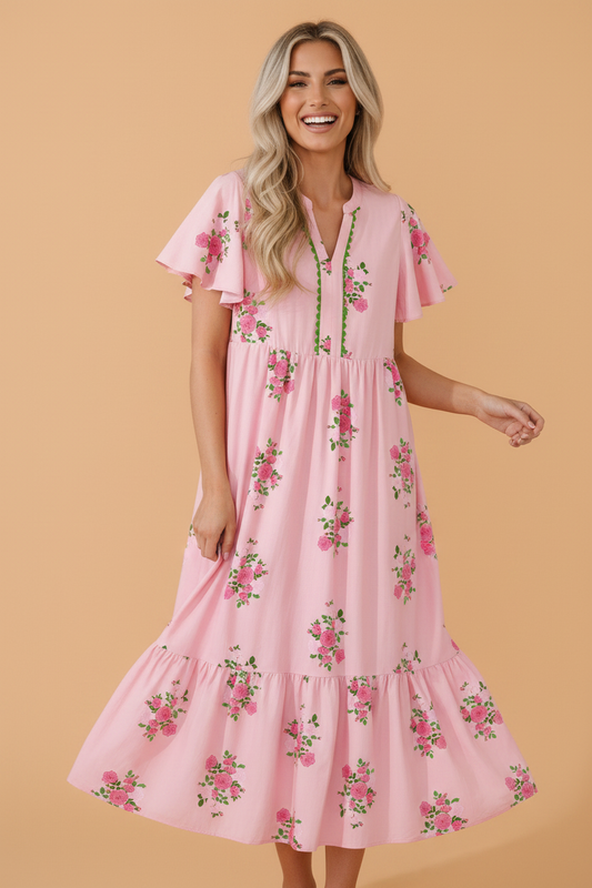 Floral Notched Neck Flutter Sleeve Maxi Dress