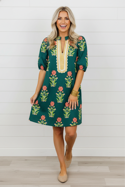 Floral Contrast Trim Stripe Patchwork Short Sleeve Dress