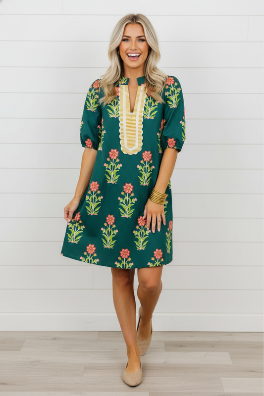 Floral Contrast Trim Stripe Patchwork Short Sleeve Dress