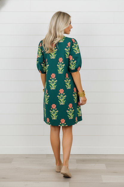 Floral Contrast Trim Stripe Patchwork Short Sleeve Dress