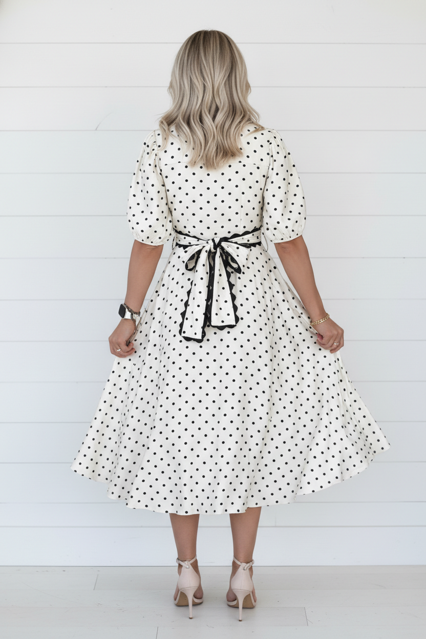 Polka Dot Scallop Trim Button Down Midi Dress