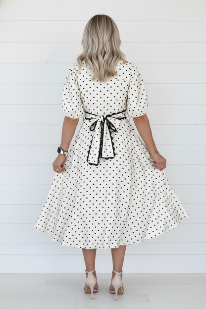 Polka Dot Scallop Trim Button Down Midi Dress