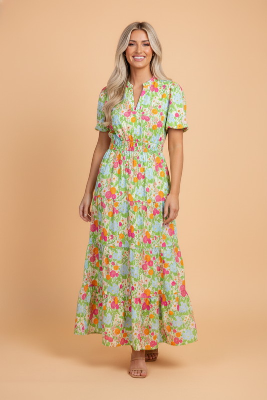 Floral V-Neck Short Puff Sleeve Maxi Dress