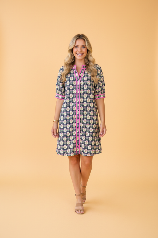 Floral Stripe Trim Short Sleeve Shift Dress