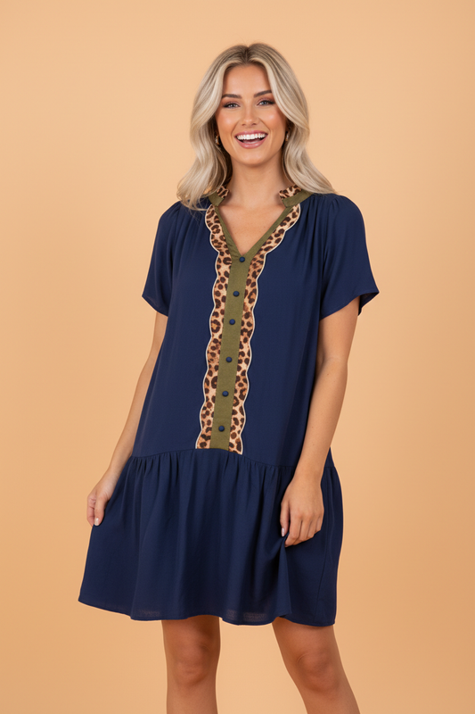 Leopard Contrast Trim Short Sleeve Drop Waist Dress