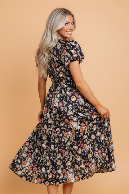 Floral V-Neck Pleated Tiered Maxi Dress