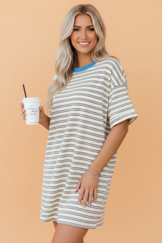 Stripe Cuffed Short Sleeve Mini T-Shirt Dress