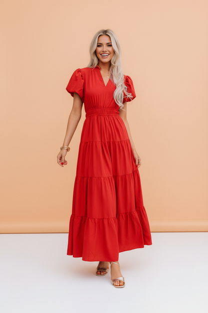 Solid V-Neck Short Puff Sleeve Tiered Maxi Dress