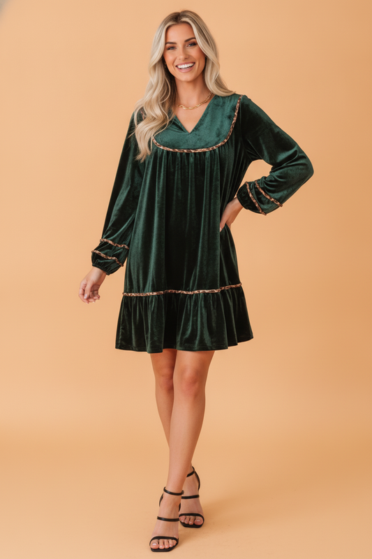 Leopard Trim Velvet Long Sleeve Drop Waist Dress