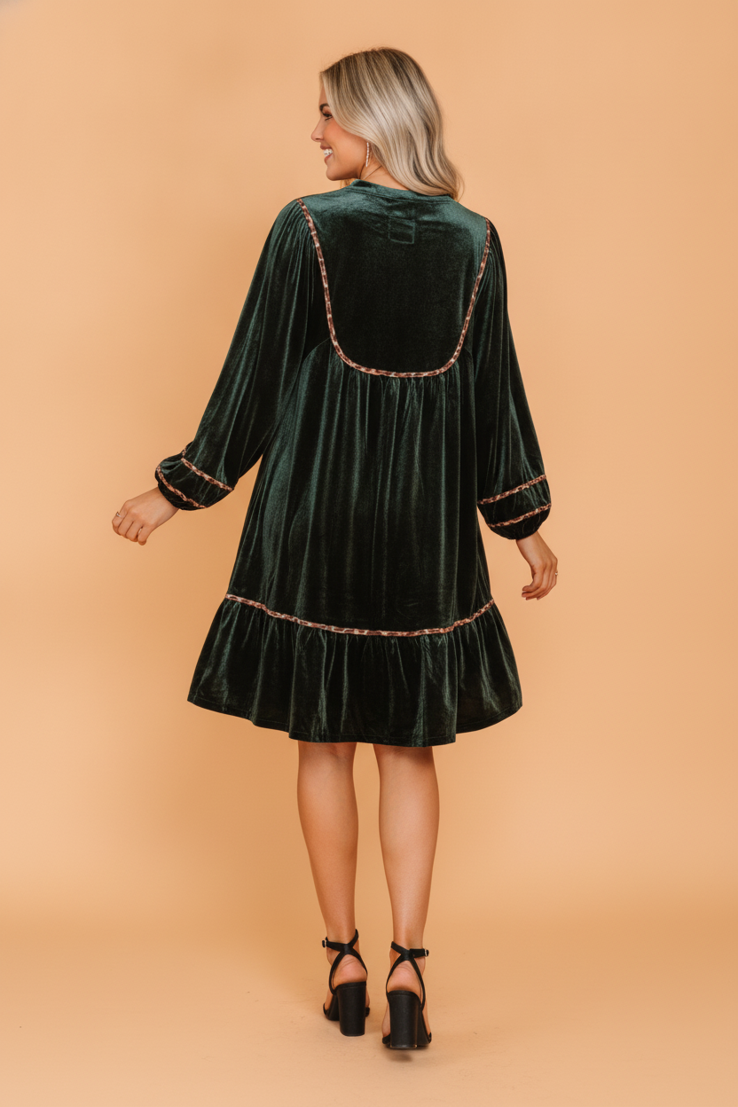 Leopard Trim Velvet Long Sleeve Drop Waist Dress