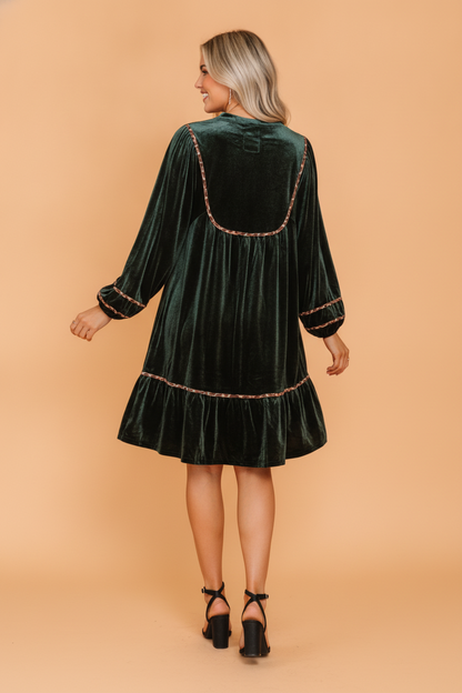Leopard Trim Velvet Long Sleeve Drop Waist Dress