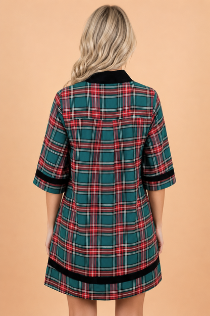 Plaid Velvet Contrast Trim 3/4 Sleeve Mini Dress