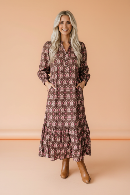 Floral Button Front Ruffle Hem Midi Dress