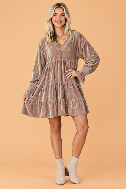 PRETTY BASH Solid Velvet V-Neck Tiered Long Sleeve Mini Dress