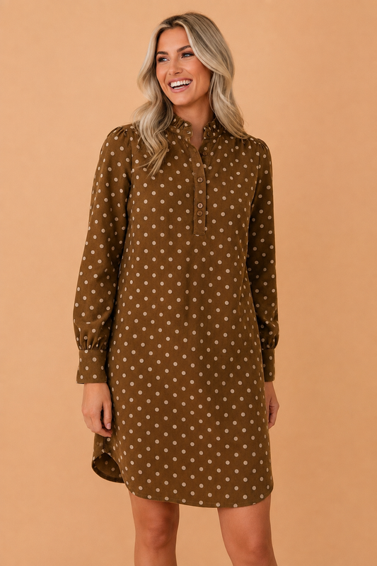 Polka Dot Frilled Buttoned V-Neck Long Sleeve Dress
