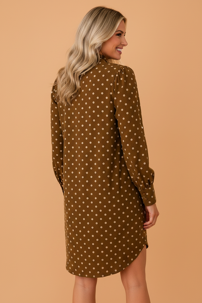 Polka Dot Frilled Buttoned V-Neck Long Sleeve Dress