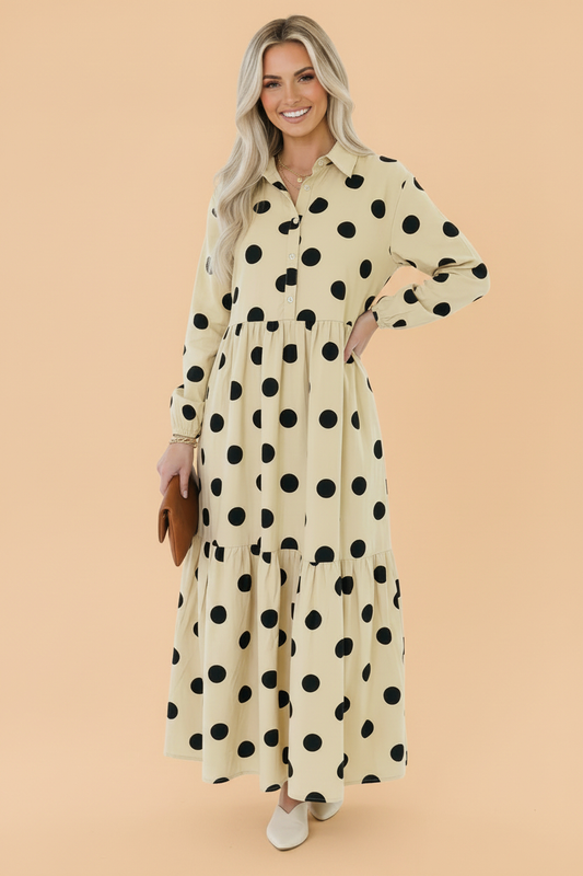 Polka Dot Button Front Long Sleeve Midi Dress