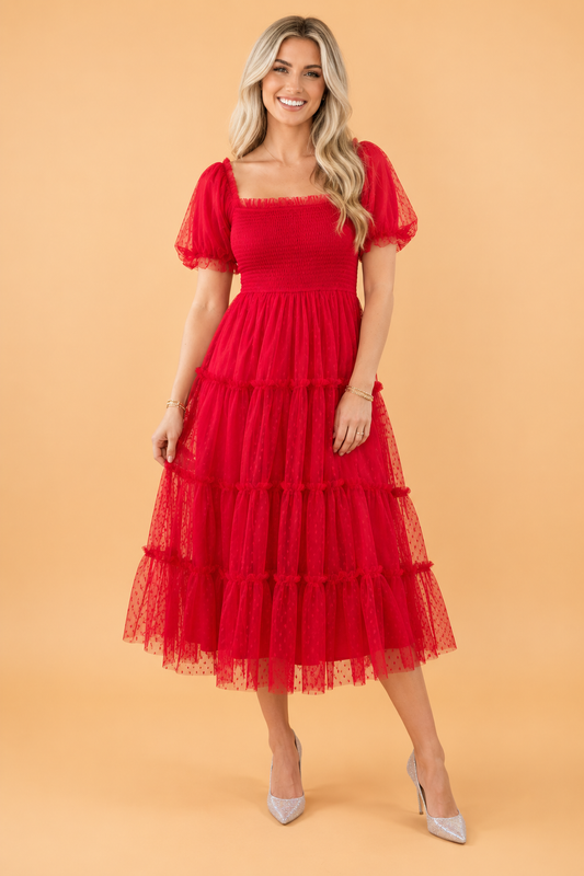 Swiss Dot Tulle Smocked Puff Sleeve Midi Dress