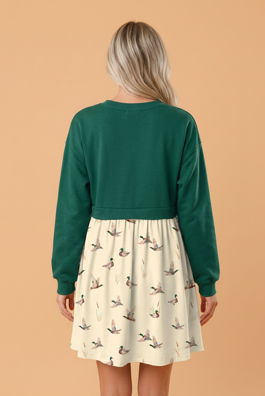 PRETTY BASH Mallard Patchwork Long Sleeve Flared Mini Dress