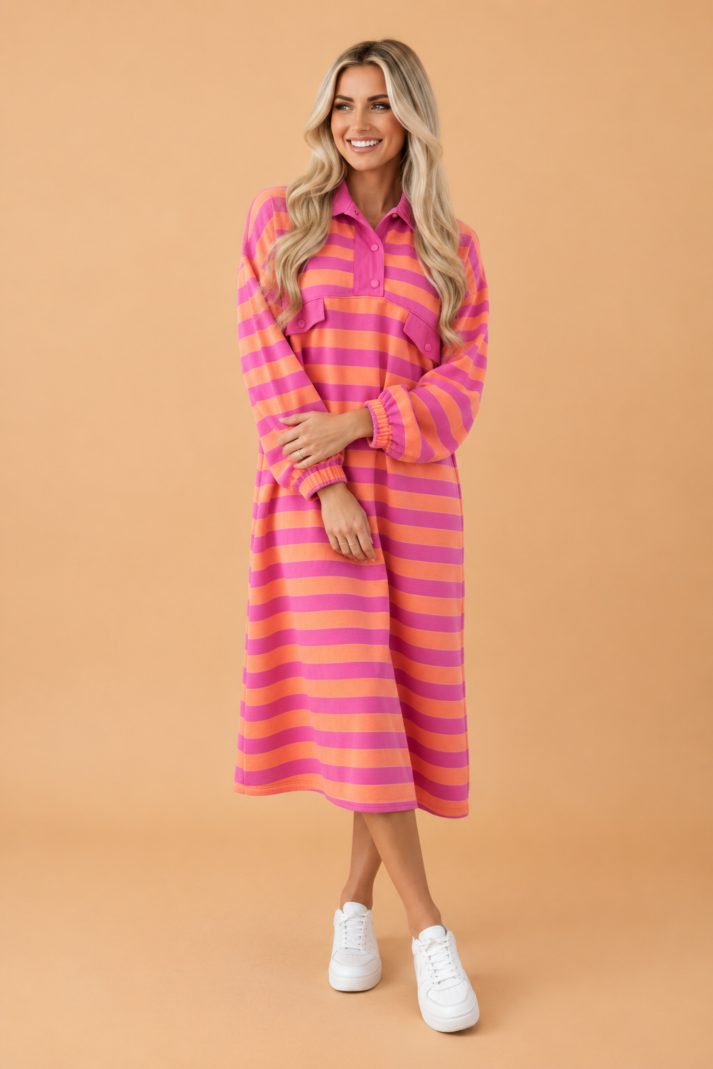 PRETTY BASH Stripe Polo Collar Long Sleeve Midi Dress