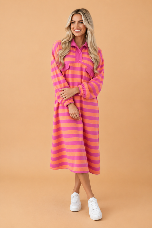 PRETTY BASH Stripe Polo Collar Long Sleeve Midi Dress