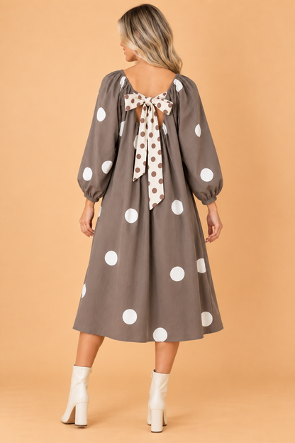 Polka Dot Bow Tie Back Long Sleeve Midi Dress