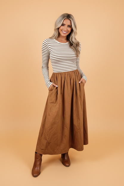 Stripe Ribbed Knit Patchwork Flared Maxi Dress