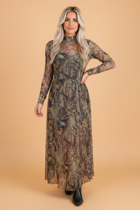 PRETTY BASH Western Sheer Mesh Long Sleeve Maxi Dress