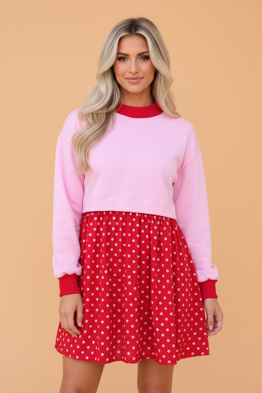 PRETTY BASH Polka Dot Colorblock Long Sleeve Mini Dress