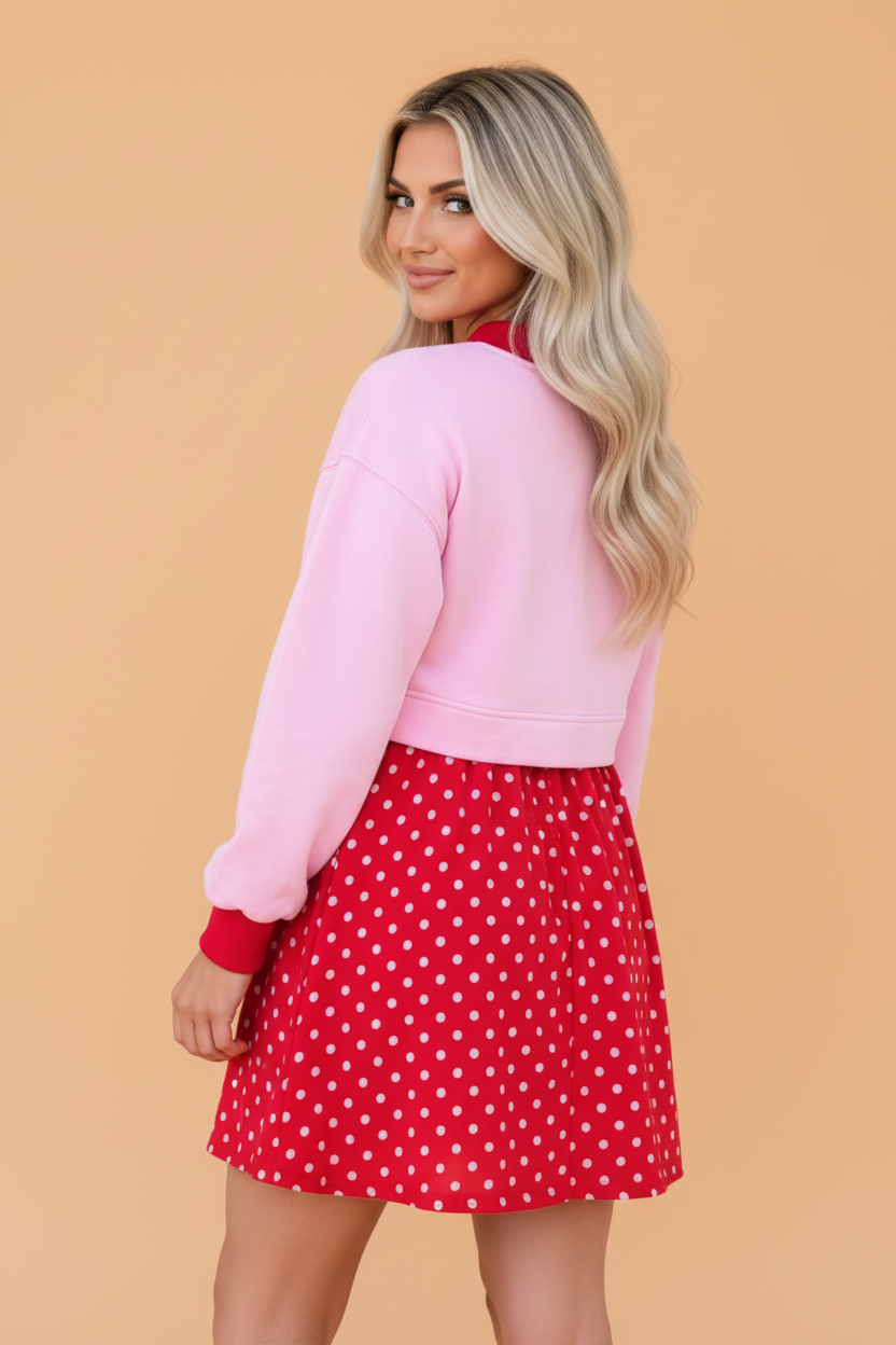 PRETTY BASH Polka Dot Colorblock Long Sleeve Mini Dress