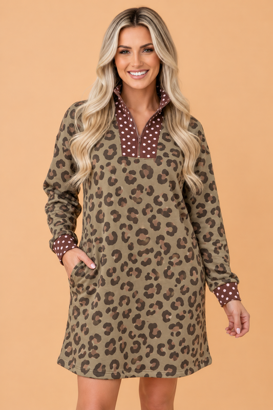 PRETTY BASH Leopard Polka Dot Patchwork Long Sleeve Mini Dress