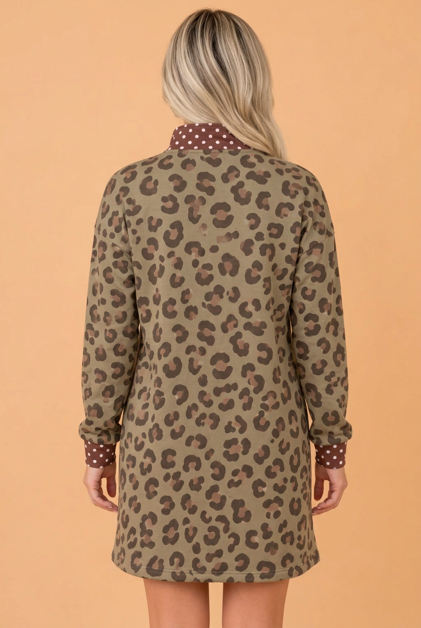 PRETTY BASH Leopard Polka Dot Patchwork Long Sleeve Mini Dress