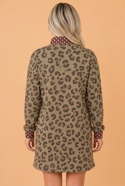 PRETTY BASH Leopard Polka Dot Patchwork Long Sleeve Mini Dress
