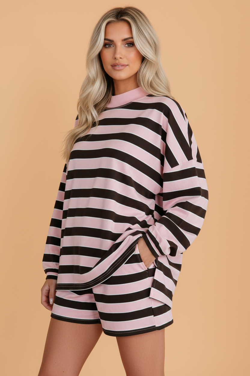 PRETTY BASH Stripe Oversized Long Sleeve Top & Shorts Set