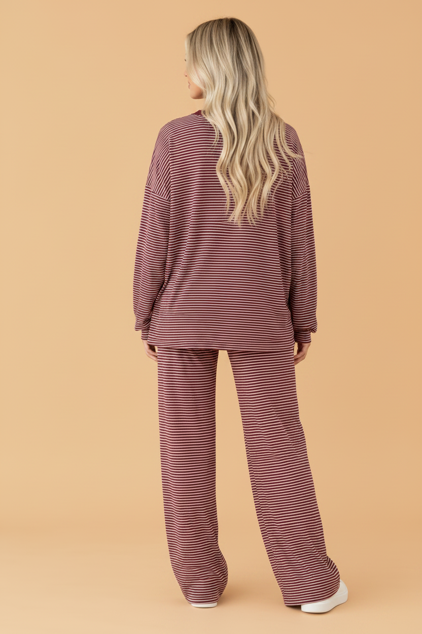 Stripe Contrast Trim Long Sleeve Top & Pant Set