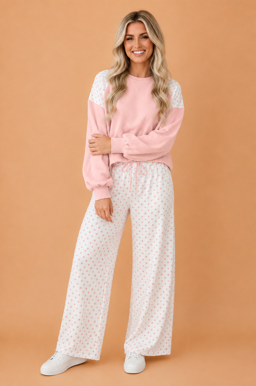 Polka Dot Patchwork Crop Sweatshirt & Pants Set
