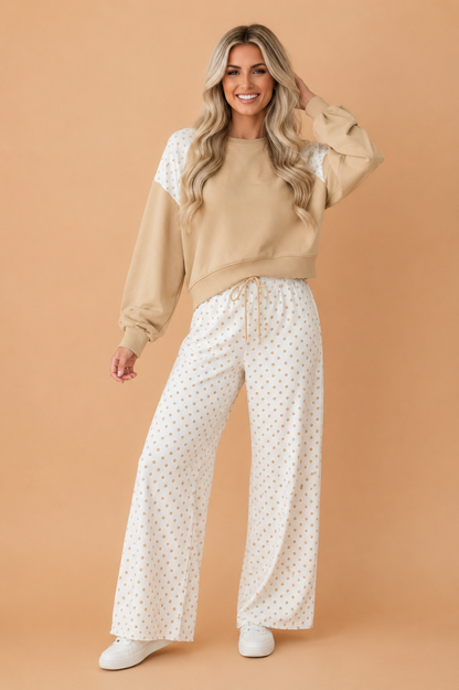 Polka Dot Patchwork Crop Sweatshirt & Pants Set