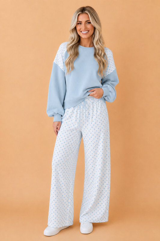Polka Dot Patchwork Crop Sweatshirt & Pants Set