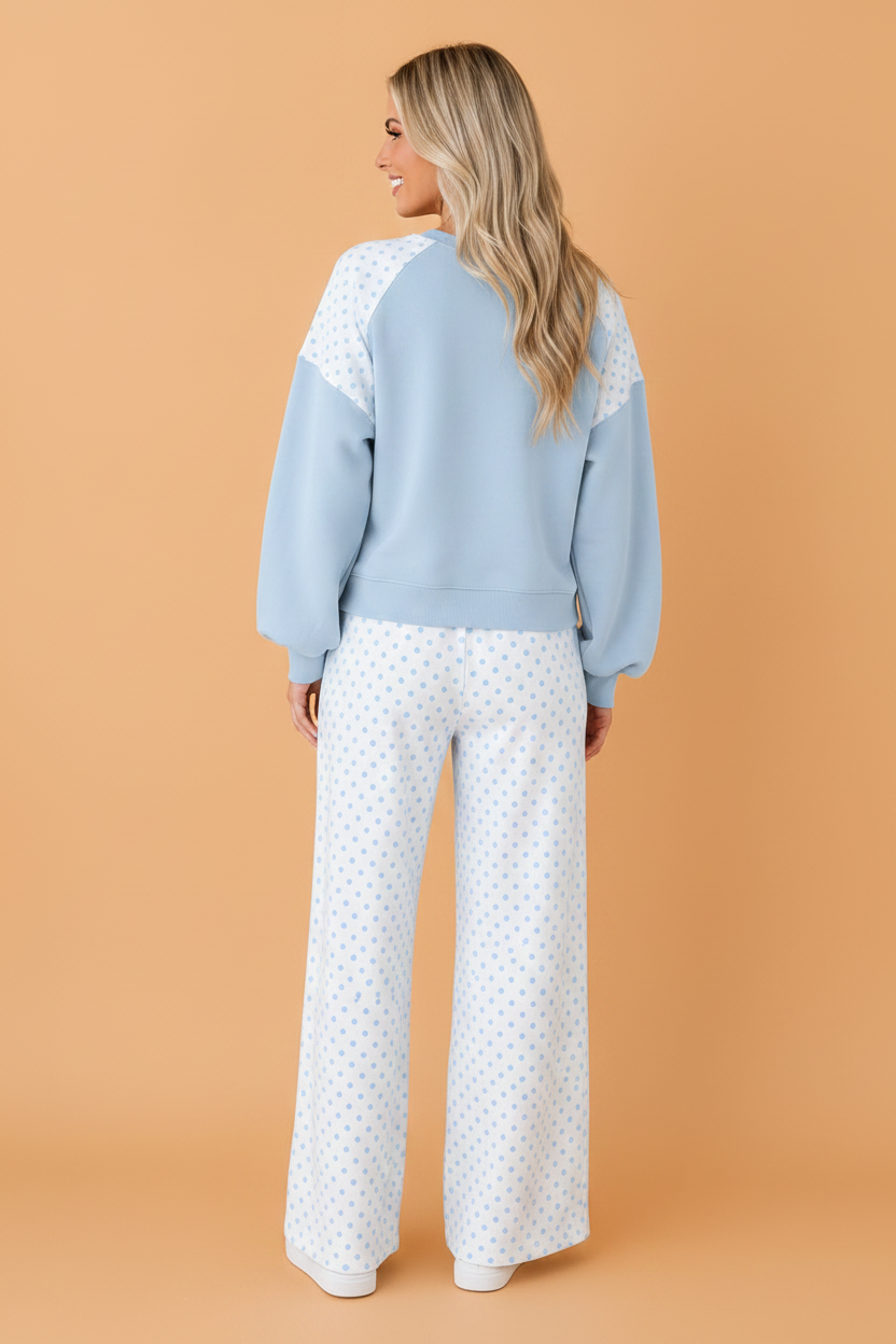 Polka Dot Patchwork Crop Sweatshirt & Pants Set