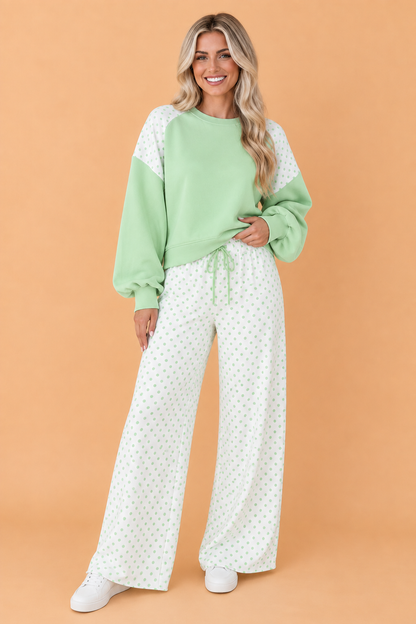 Polka Dot Patchwork Crop Sweatshirt & Pants Set