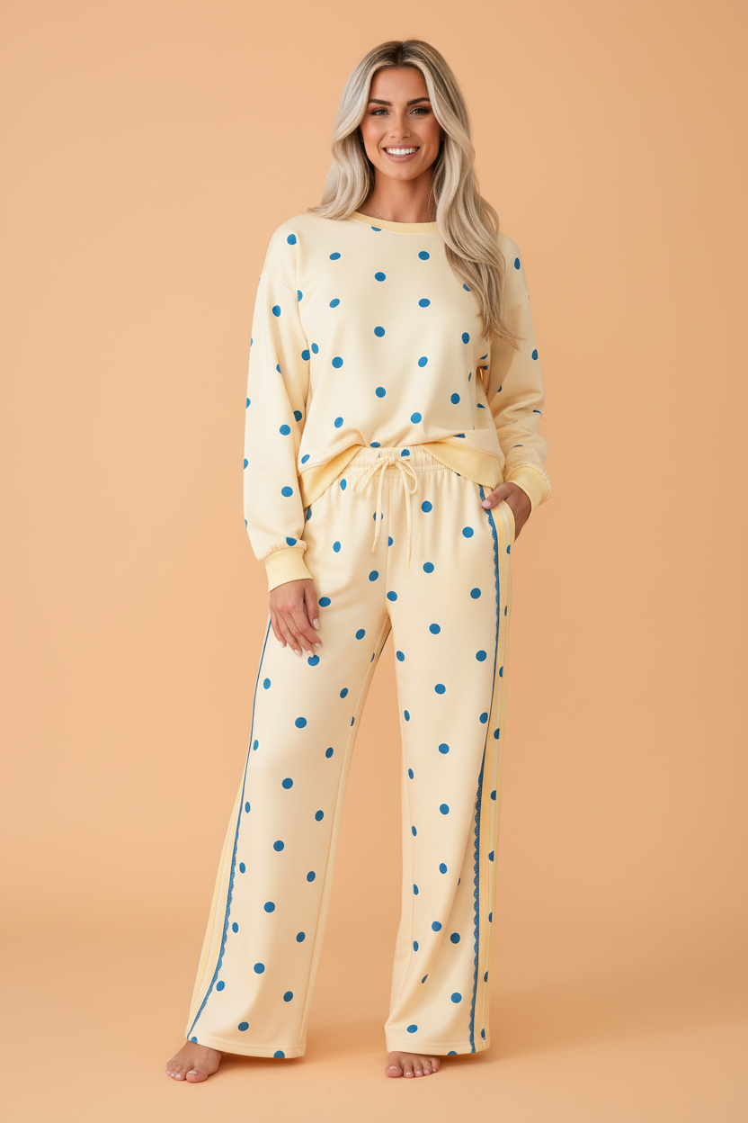 PRETTY BASH Polka Dot Patchwork Side Stripe Top & Pant Set