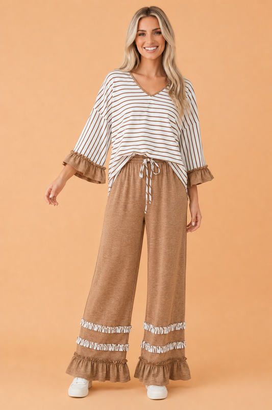 Stripe Ruffle Patchwork V-Neck Top & Pants Set