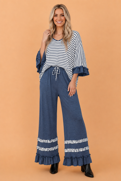 Stripe Ruffle Patchwork V-Neck Top & Pants Set