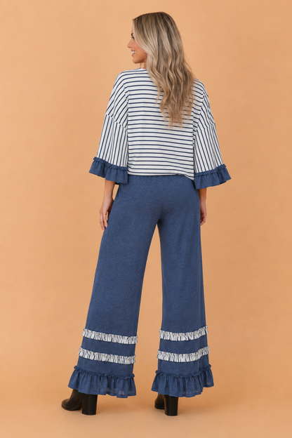Stripe Ruffle Patchwork V-Neck Top & Pants Set