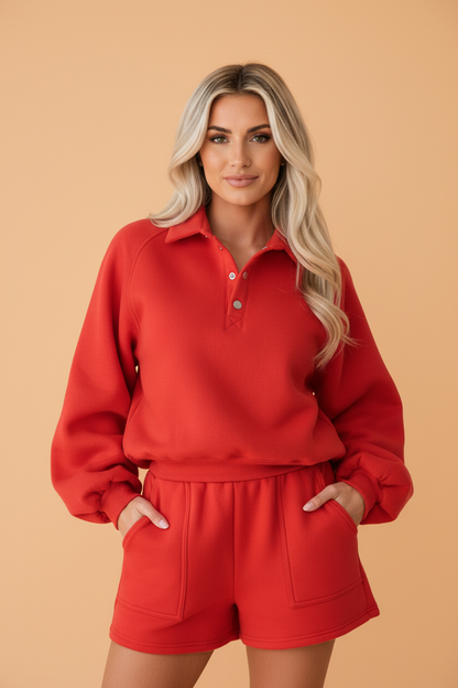 PRETTY BASH Solid Half Button Puff Sleeve Polo Top & Shorts Set