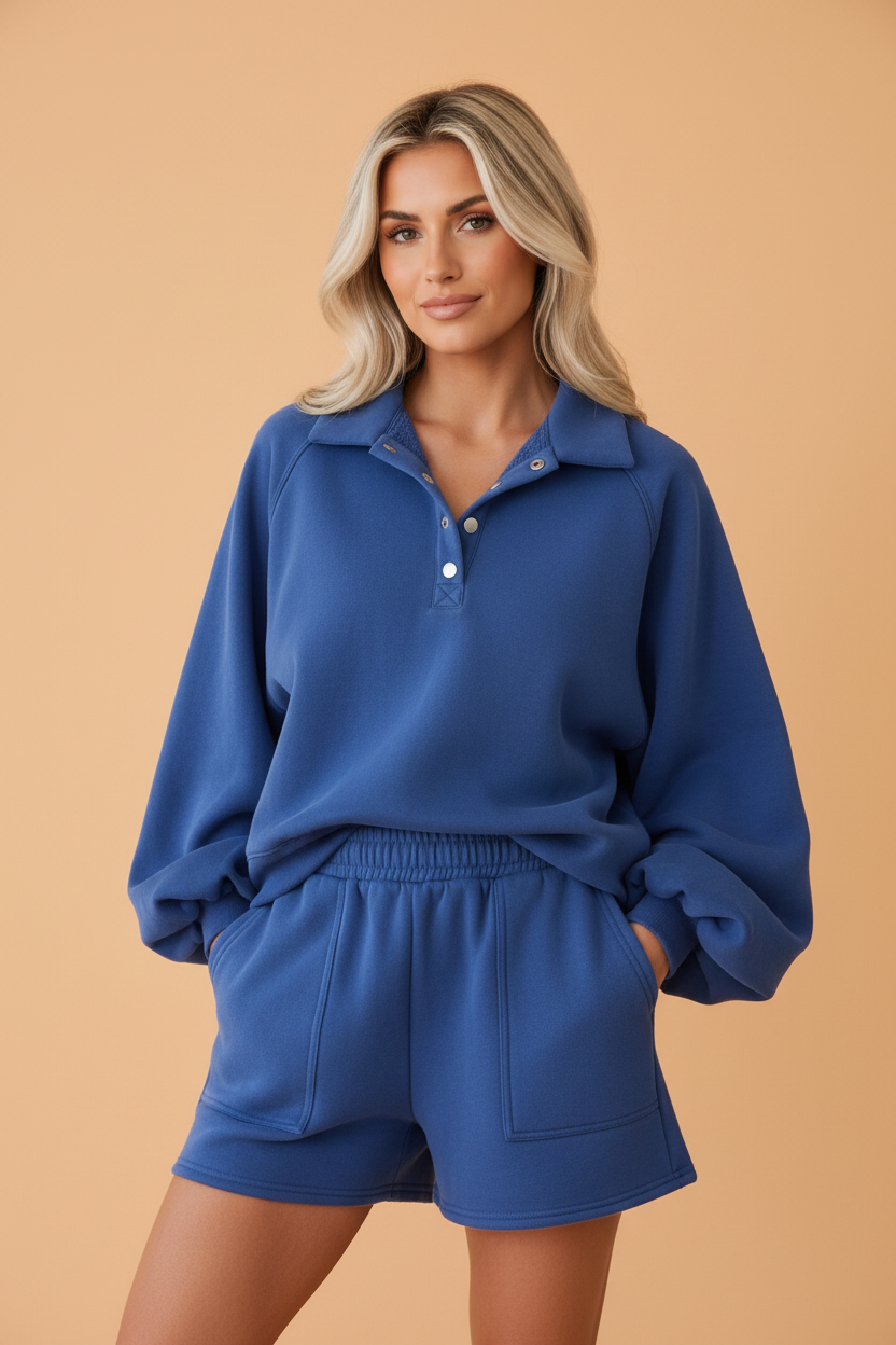 PRETTY BASH Solid Half Button Puff Sleeve Polo Top & Shorts Set