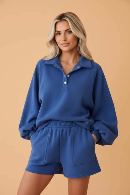 PRETTY BASH Solid Half Button Puff Sleeve Polo Top & Shorts Set