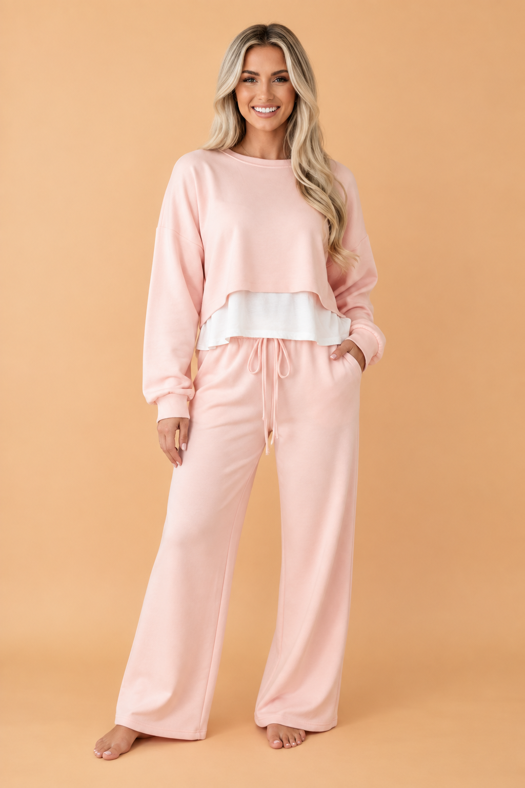 PRETTY BASH Solid Contrast Overlay Top & Drawstring Pant Set